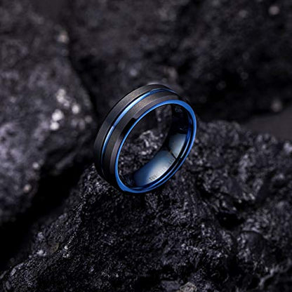 King Will Mens Tungsten Rings for Men Two Tone Grooved Mens Wedding Band Cool - color: Black & Blue 7mm