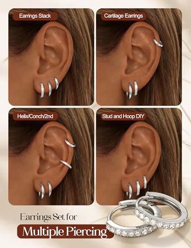 Tungary Small Gold Hoop Earrings for Women Huggie CZ Hoops Earring Stacks | Hypoallergenic Earing Hoops for Sensitive Ears, Earrings Stack Set for Cartilage, Secure Clasp, Silver/Black/14K Gold Plated - color: Silver-Plain & CZ Huggies
