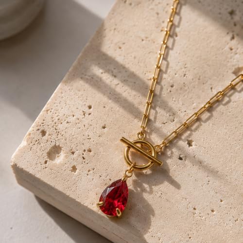 Teardrop CZ Pendant Paperclip Chain Necklace 18K Plated Paperclip Toggle Necklace Jewelry Birthstone Gift for Women - color: Garnet-January