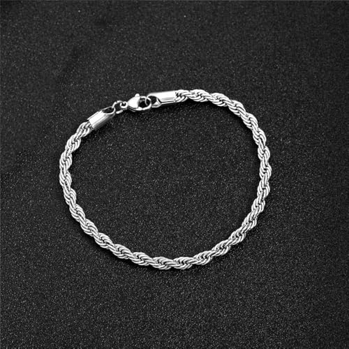 kelistom 18K Gold Silver Tone Rope Link Chain Bracelet for Women Men, 3mm 4mm Braided Rope Chain Bracelets, 7” 7.5” 8.3”, - size: 7.5", style: 4mm-silver