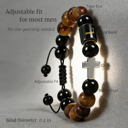 Initial Mens Bracelet with Cross - Religious Faith Beaded Bracelt Gift for Him Man Male Friend, Adjustable Tiger Eye Black Onyx Beads Braclet for Birthday Confirmation Sponsor Anniversary - color: Braided Rope-L