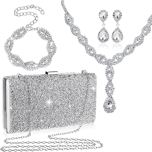 Mixweer 4 Pieces Clutch Purses Bag for Women Evening Rhinestone Jewelry Set Bling Necklace Earrings Bracelets Set for Wedding - style: Exquisite Style