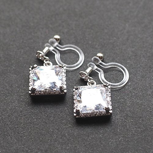 Drop Cubic Zirconia Invisible Clip On Earrings for Women Not Pierced Gold Teardrop Sqaure CZ Crystal Dangle Gold Silver Comfortable Clip On Earrings Bridal Wedding Prom - color: Square 1 Silver