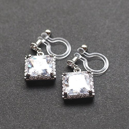 Drop Cubic Zirconia Invisible Clip On Earrings for Women Not Pierced Gold Teardrop Sqaure CZ Crystal Dangle Gold Silver Comfortable Clip On Earrings Bridal Wedding Prom - color: Square 1 Silver