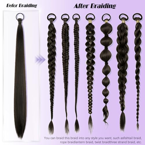 2 PCS Black Brown Ponytail Extension with Hair Tie DIY Braided Ponytail Extension Warp Around Yaki Straight Sleek Hairpieces Light and Soft Fluffy Stayle Ponytail for Women Daily Party Use - color: Brown Black