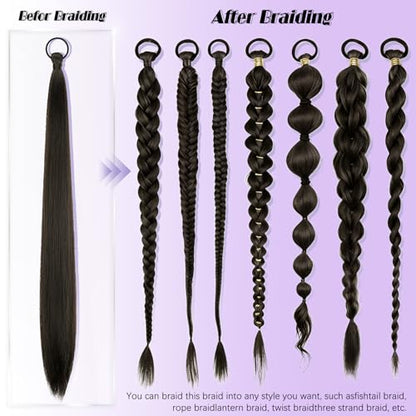 2 PCS Black Brown Ponytail Extension with Hair Tie DIY Braided Ponytail Extension Warp Around Yaki Straight Sleek Hairpieces Light and Soft Fluffy Stayle Ponytail for Women Daily Party Use - color: Brown Black