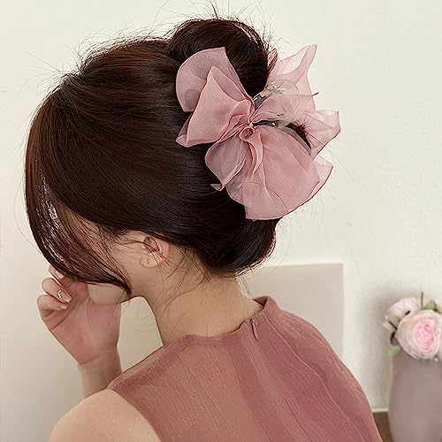 Elegant Mesh Tulle Hair Claws with Large Bowknot - Chiffon Hair Clips for Thick Hair and Women's Hair Accessories - color: pink