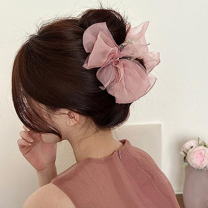 Elegant Mesh Tulle Hair Claws with Large Bowknot - Chiffon Hair Clips for Thick Hair and Women's Hair Accessories - color: pink
