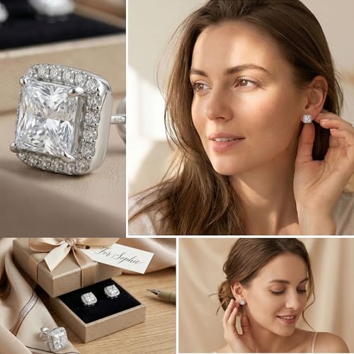 LeCalla 925 Sterling Silver CZ Stud Earrings for Women | Cubic Zirconia Halo & Heart Stud Earring | Rhodium-Plated Silver Jewelry for Her Mom Wife - color: Square Cubic Zirconia Studs