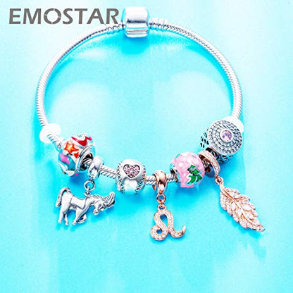 EMOSTAR Zodiac Sign Charms fits European Charm Bracelet – Rose Gold 925 Sterling Silver Necklace Pendant, 12 Horoscope Constellation Dangle CZ Birthstone Beads, Gifts for Women/Men/Birthday - color: Leo (7.23 – 8.22)