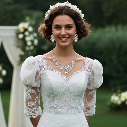 Women's Bohemian Statement Jewelry Set for Bride | Boho Stunning Crystal Teardrop Filigree Leaf Hollow Necklace Dangle Earrings Set for Bridesmaid Bridal Accessories - color: Clear Silver-Tone
