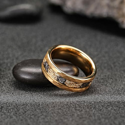 Mens Tungsten Carbide Wedding Bands 8mm Black Hammered Edge Gold Foil Inly Durable Scratch Proof Stainless Steel Cool Promise Ring for Him Comfort Fit - color: Gold-8mm