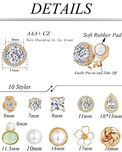Tornito 10-15 Pairs Clip on Stud Earrings Non Pierced Teardrop Round Square CZ Pearl Twist Knot Flower Butterfly Heart Star Rainbow Cat Opal Clip on Earrings for Women - color: B: Gold Tone