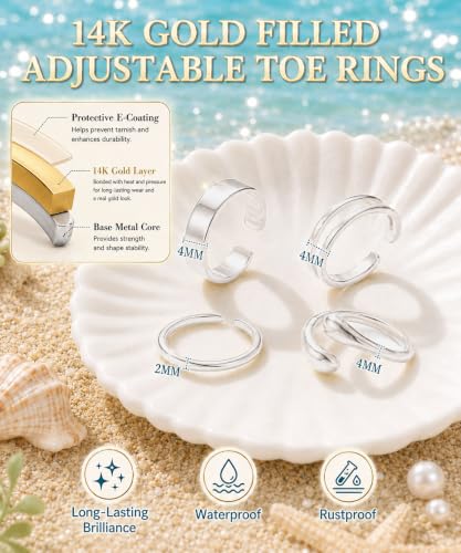 4Pcs Toe Rings for Women Non Tarnish 14K Gold Filled Toe Ring Adjustable Flower CZ Band Wave Dainty Toe Ring Summer Beach Open Toe Rings Set Waterproof Toe Jewelry Foot Jewelry - color: Silver toe rings double row