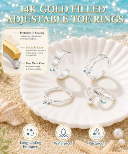 4Pcs Toe Rings for Women Non Tarnish 14K Gold Filled Toe Ring Adjustable Flower CZ Band Wave Dainty Toe Ring Summer Beach Open Toe Rings Set Waterproof Toe Jewelry Foot Jewelry - color: Silver toe rings double row