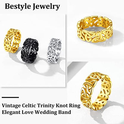 Bestyle Celtic Knot Band Rings for Men Women, Stainless Steel Irish Finger Ring Viking Wedding Bands Jewelry Gift Wedding Promise Gold Silver Black - color: 03.Gold