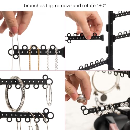 12-Tier Hanging Wall Jewelry Organizer, Earring,Necklace,Ring Holder-Black | Large Capacity with 120 Earring Holes, Rotating Branches, genuine 3M Command Strips, Bracelet, Ring & Necklace Storage - color: Black 12-Tier