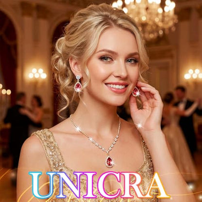 Unicra Bride Crystal Necklace Earrings Set Bridal Wedding Jewelry Sets Rhinestone Choker Necklace Prom Costume Jewelry Set for Women and Brides - color: Gold Red