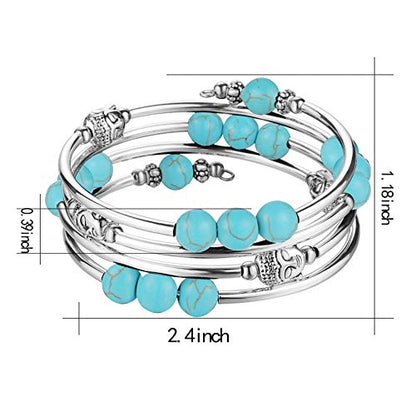 PEARL&CLUB Beaded Chakra Bangle Turquoise Bracelet - Fashion Jewelry Wrap Bracelet with Thick Silver Metal and Mala Beads, Birthday Gifts For Women - color: 58-Turquoise