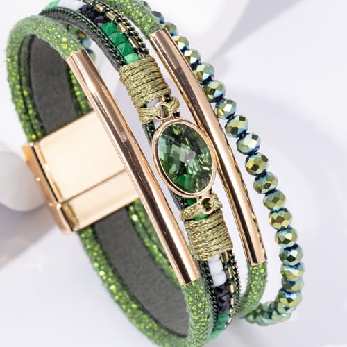 Boho Leather Wrap Bracelets Beaded Stackable Cuff Bracelet Country Concert Outfits Cowboy Cowgirl Western Jewelry Gifts for Women - color: Crystal-Green