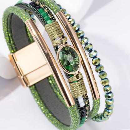 Boho Leather Wrap Bracelets Beaded Stackable Cuff Bracelet Country Concert Outfits Cowboy Cowgirl Western Jewelry Gifts for Women - color: Crystal-Green
