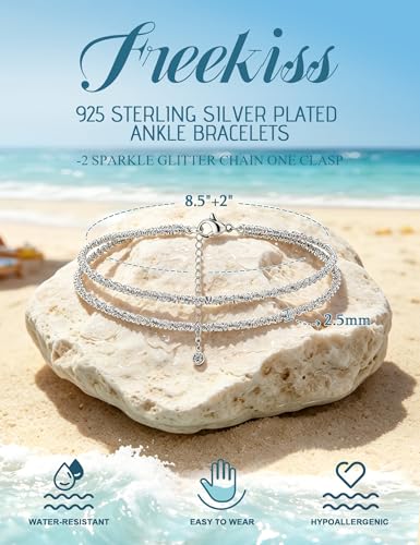 Freekiss Sparkle Glitter Waterproof Ankle Bracelets for Women Trendy | Dainty Layered Anklet for Women Adjustable Womens Anklet Set Stackable Beaded Cuban Link Anklets Beach Jewelry for Women - color: ANKLET-Single clasp sparkle glitter-SL