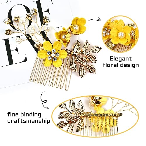 Cinaci 18 Pieces Bridal Wedding Party Prom Pearl Rhinestone Yellow Flower Hair Side Combs Slides+U-shaped Flower Hair Pins+Twist Spiral Hairpins Floral Headpieces for Brides Bridesmaids Women Girls - color: Yellow