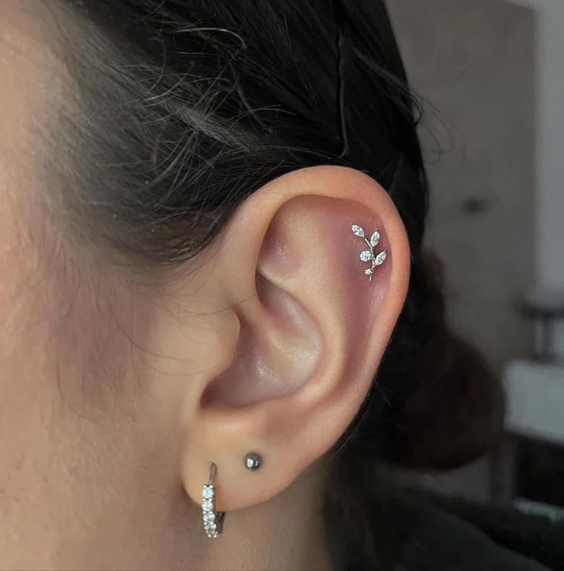 16G Titanium Flat Back Earrings for Women Conch/Helix/Foward Helix/Tragus/Hypoallergenic Piercing Jewelry Internal Thread Cartilage Stud Gold Silver CZ Branch Earrings - color: Silver-For Wearer Left Ear