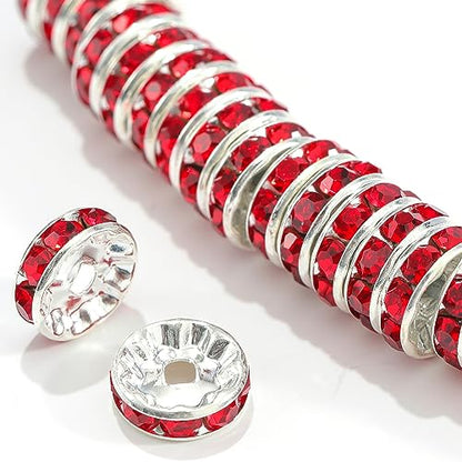 100Pcs Rondelle Spacer Beads Round Crystal Charms Czech Rhinestone Silver Plated Spacer Loose Beads for DIY Bracelet Necklace Jewelry Making Supplies (4MM, Red) - color: Red, size: 4MM