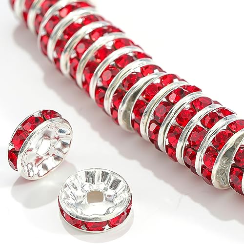 100Pcs Rondelle Spacer Beads Round Crystal Charms Czech Rhinestone Silver Plated Spacer Loose Beads for DIY Bracelet Necklace Jewelry Making Supplies (6MM, Red) - color: Red, size: 6MM