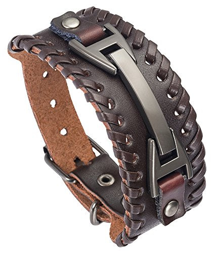 Leather Bracelet for Men Braided Stainless Steel Mens Bracelets - color: Brown 1