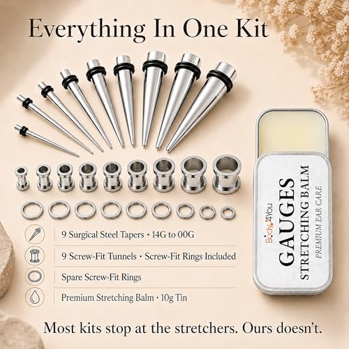 BodyJ4You 37PC Ear Gauge Stretching Kit 14G-00G - Aftercare Balm Tapers | Gauges for Ears Dead Stretching Lobe - Surgical Stainless Steel Single Flare Plugs - Flesh Tunnels O-Rings Expander Men Women - color: Silvertone, Screw Fit