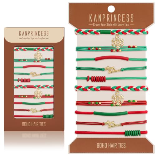 KANPRINCESS 10pcs Christmas Boho Hair Ties - 5 Styles | Elastic Hair Bands & Bracelets for Women's Thick or Thin Hair - No Damage - Christmas Gift For Girls Teens Women - color: Set19