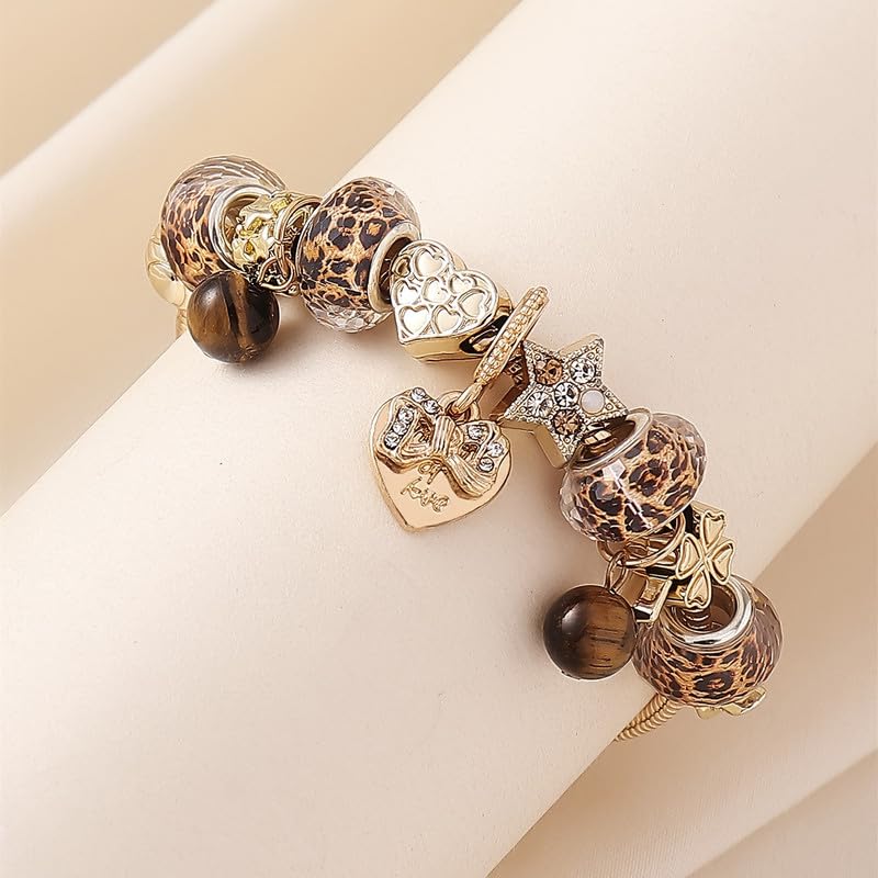 1PC Charm Bracelet, Gold Tone Snake Chain, Leopard Print Beads, Heart And Star Charms, Tiger Eye Accents, Vintage Style Jewelry For Outfit Matching(Gold)