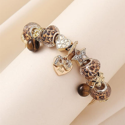 1PC Charm Bracelet, Gold Tone Snake Chain, Leopard Print Beads, Heart And Star Charms, Tiger Eye Accents, Vintage Style Jewelry For Outfit Matching(Gold)