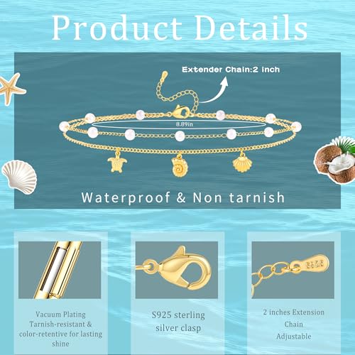 Sterling Silver Ankle Bracelets for Women 14k Gold Plated Waterproof Dainty Layered Stackable Seashell Pearl Charm Non Tarnish Adjustable Anklet for Summer Beach Jewelry Gift - color: gold1