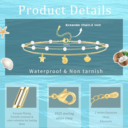 Sterling Silver Ankle Bracelets for Women 14k Gold Plated Waterproof Dainty Layered Stackable Seashell Pearl Charm Non Tarnish Adjustable Anklet for Summer Beach Jewelry Gift - color: gold1