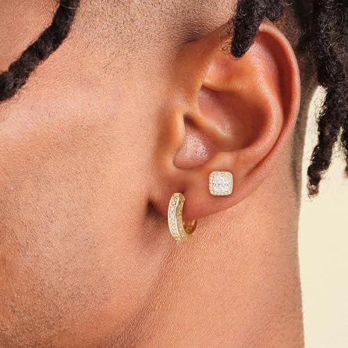 Earrings for Men 14K Gold Plated Hypoallergenic Mens Hoop Earrings | Cubic Zirconia Round/Square Stud with Huggie Hoop Earring Set,Mens Cartilage Studs for Sensitive Ear,Jewelry Gift for Him - color: Square Stud & Hoop - Gold