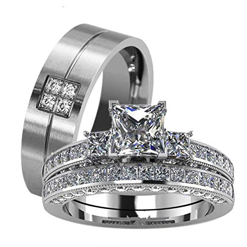 Couple Ring Bridal Set His Hers White Gold Plated CZ Stainless Steel Wedding Ring Band Set - color: White, size: women's size 7& men's size 9