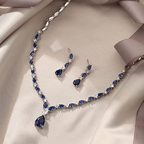 EVER FAITH Pear Shaped Cubic Zirconia Bridal Wedding Jewelry Set for Women | Gorgeous Water Drop Bride Necklace Dangle Earrings, for Bride Bridesmaid - color: Blue