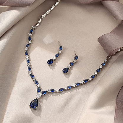 EVER FAITH Pear Shaped Cubic Zirconia Bridal Wedding Jewelry Set for Women | Gorgeous Water Drop Bride Necklace Dangle Earrings, for Bride Bridesmaid - color: Blue