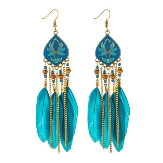 Long Tassel Feather Earrings for Women Handmade Vintage Bohemian Multicolor Tassel Feathers Dangle Drop Earrings Jewelry - color: light blue