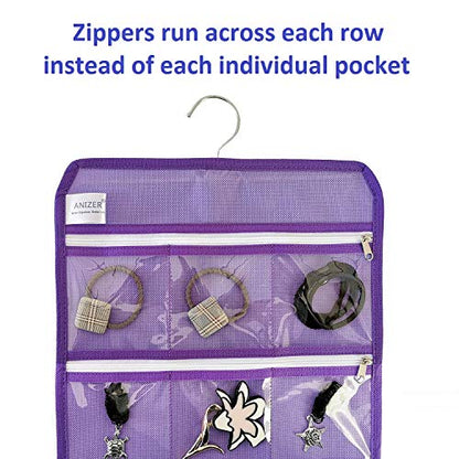 Travel Foldable Jewelry Rolls Bag Hanging Jewelry Organizer with 9 Zippered Clear Pockets Storage Pouch with Rotatable Hanger (PURPLE) - color: PURPLE