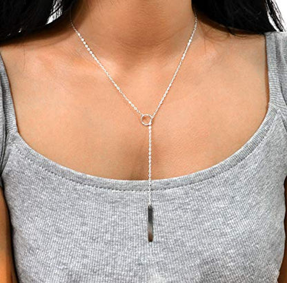 itianxi Gold Tiny Y Shaped Dainty Necklace 18K Gold Plated Cute Bar Vertical Lariat Necklace for Women - color: circle silver