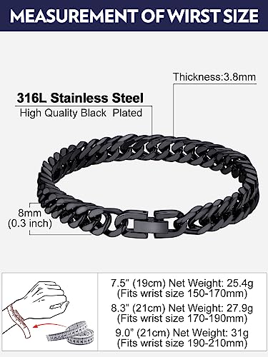 Bandmax Cuban Bracelets for Men, Stainless Steel Link, 7.5"/8.3"/9" Length | 7/8/12mm Width, Miami Wristlet Chain, Steel/Black/Gold Tone, Hip Hop Jewelry, Gift for Son Grandson Husban - color: Black