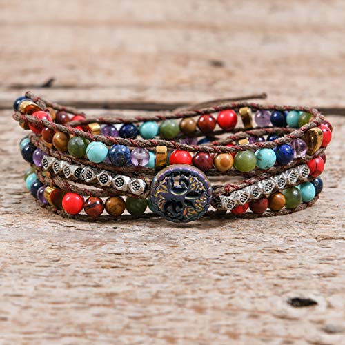 YGLINE Natural Stone Wrap Bracelet for Women Boho Bracelets Healing Crystal Beaded Bracelet Adjustable 3/5 Wraps Bracelet Handmade Birthday Gifts for Women - color: tree life