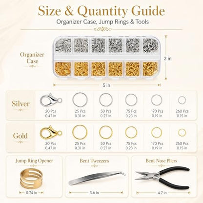 1200 Pcs Jump Rings for Jewelry Making, Jewelry Repair Kit with Lobster Claw Clasps, Pliers, Tweezers & Ring Opener, Gold and Silver Open Jump Rings for Necklace, Bracelet, Earrings, Keychains