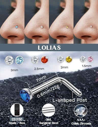 LOLIAS 80-160Pcs Surgical Steel Nose Rings Studs for Women Hypoallergenic | Straight or L Shaped Small Nose Studs Pin,Hypoallergenic 20G 22G Tiny Bone Nose Piercing Jewelry, 1.5/2/2.5/3 mm CZ Mix - color: 80Pcs 20G L shaped（white&multicolor）