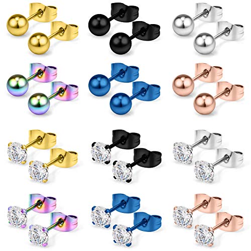 20G Mix Color Stainless Steel Ball Clear CZ Stud Earrings for Men Women Round 3-8mm 6-12Pairs - style: 12Pairs - 6mm