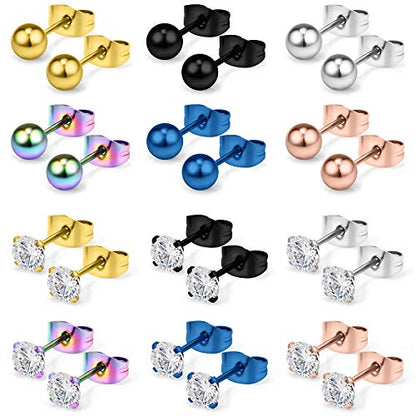 20G Mix Color Stainless Steel Ball Clear CZ Stud Earrings for Men Women Round 3-8mm 6-12Pairs - style: 12Pairs - 6mm